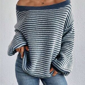 Striped Off-Shoulder Sweater - Blue and White